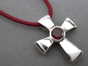 Sterling Silver Gift Of God Cross W/ Garnet on Leather Cord